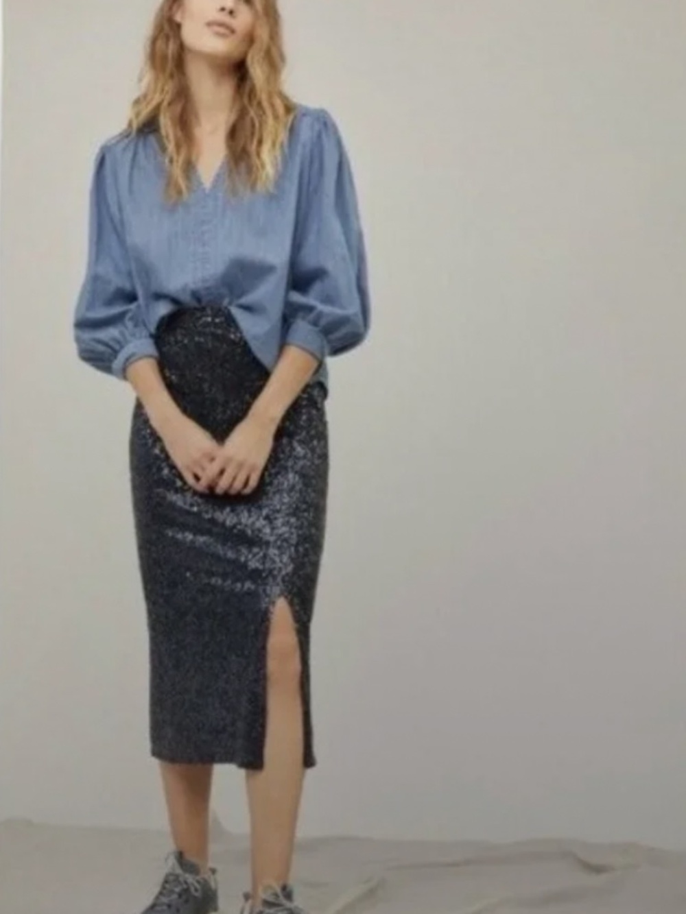 NWT Anthropologie Maeve Alicia Sequined Pencil Lined Midi Skirt Dark Blue Small